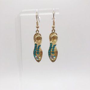 Gold Plated Blue Crystals Heeled Sandal Dangle Earrings